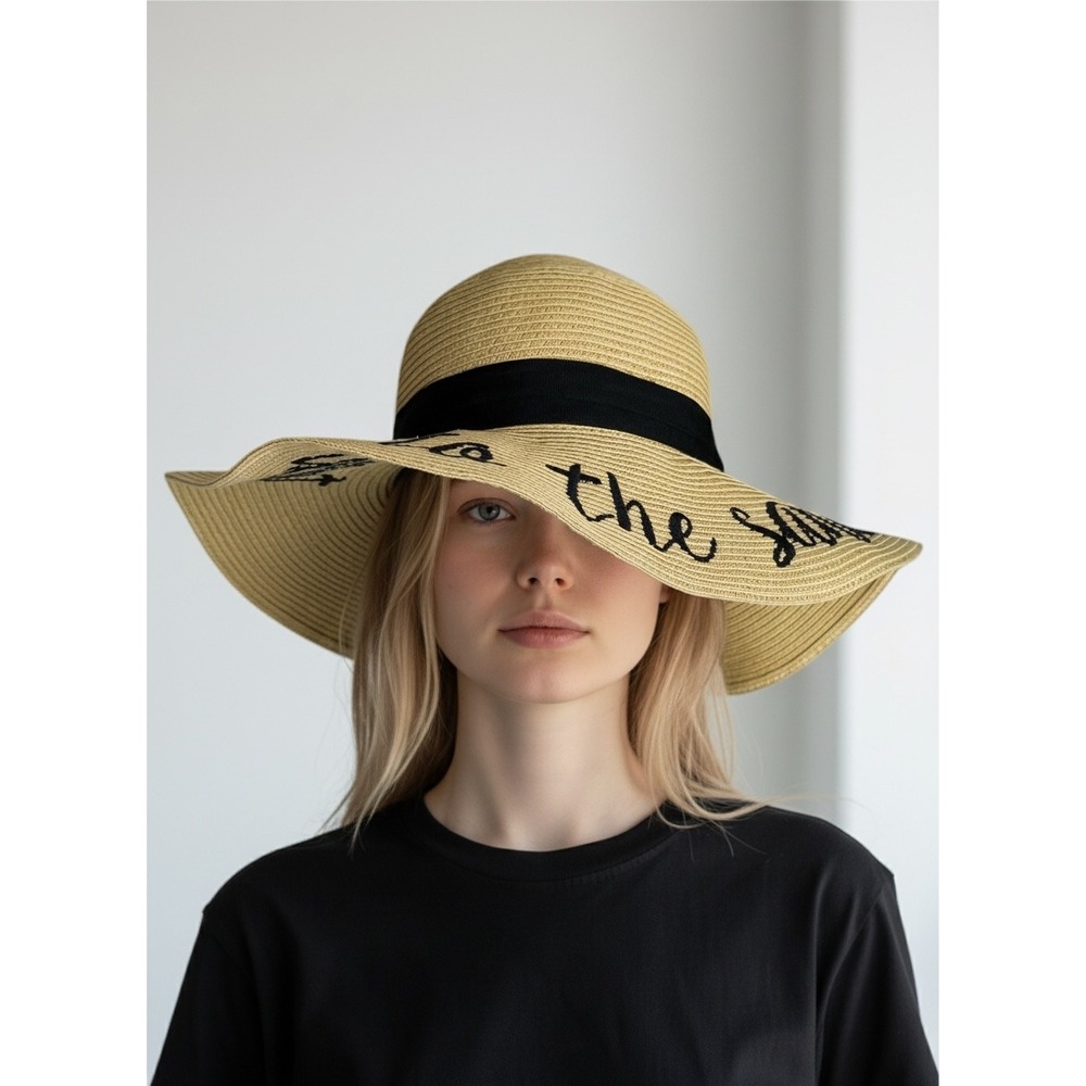 Tan Straw Floppy Sun Hat Talk to the Sand Embroidered Wide Brim Beach Hat